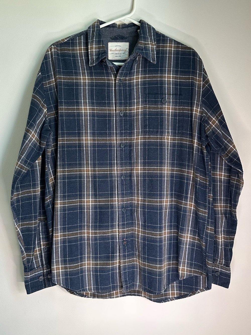 Weatherproof Men's Large, Blue Plaid Button-Down Flannel Shirt, Medium Weight
